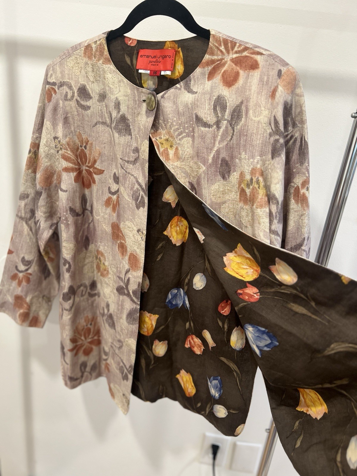 Emanuel Ungaro Parallèle Reversible Linen Jacket Floral Brown Beige Women’s 16