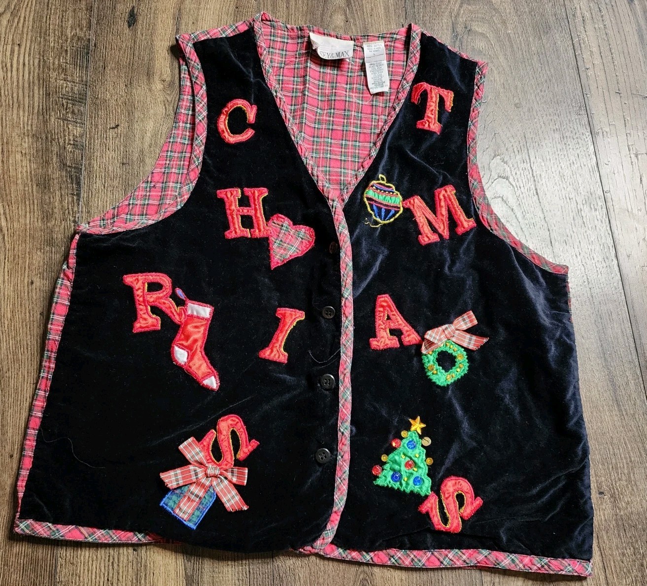 Vintage Womens L Christmas School Teacher Plaid Embroidered Velvet Ugly Vest