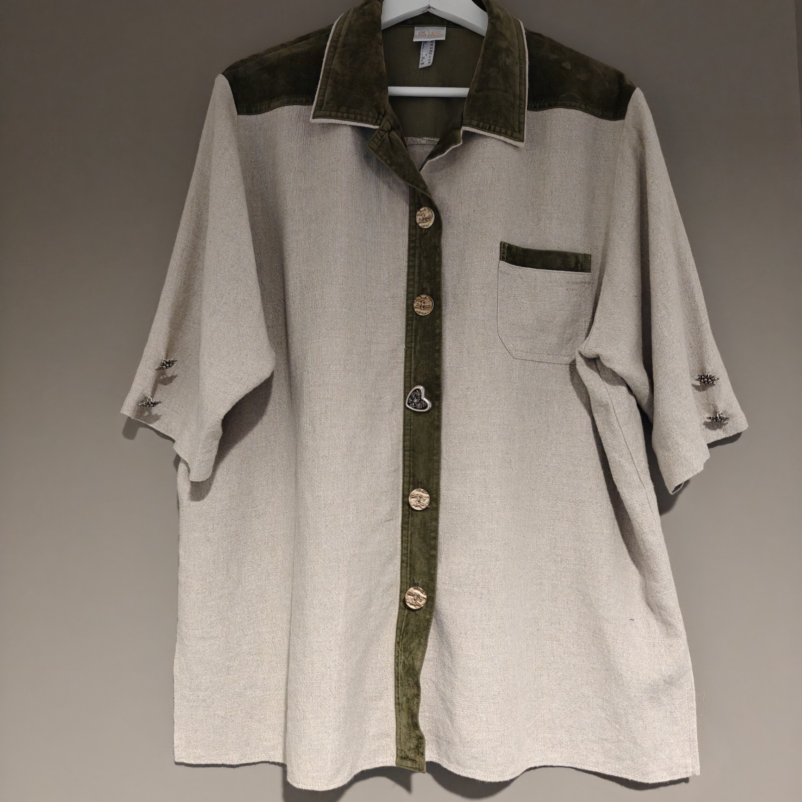 Your Sixth Sense C&A Linen Blend Blouse Vintage Beige Khaki Velvet Trim UK 16
