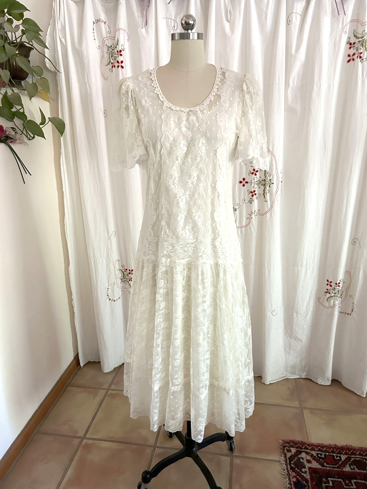 Vtg NOS 80s JCPenney Ivory Lace 20s-style 2pc Dress Gatsby Wedding sz 11/12