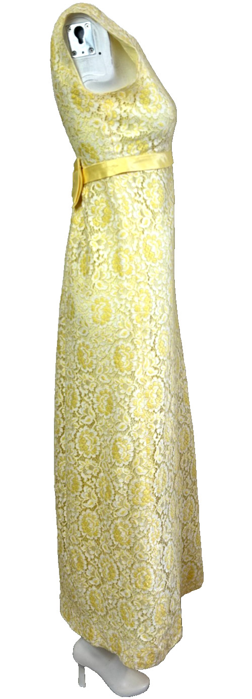 50s Lace Column Dress Size Small 4-6 Yellow Bow Backless Sleeveless Vintage VGUC