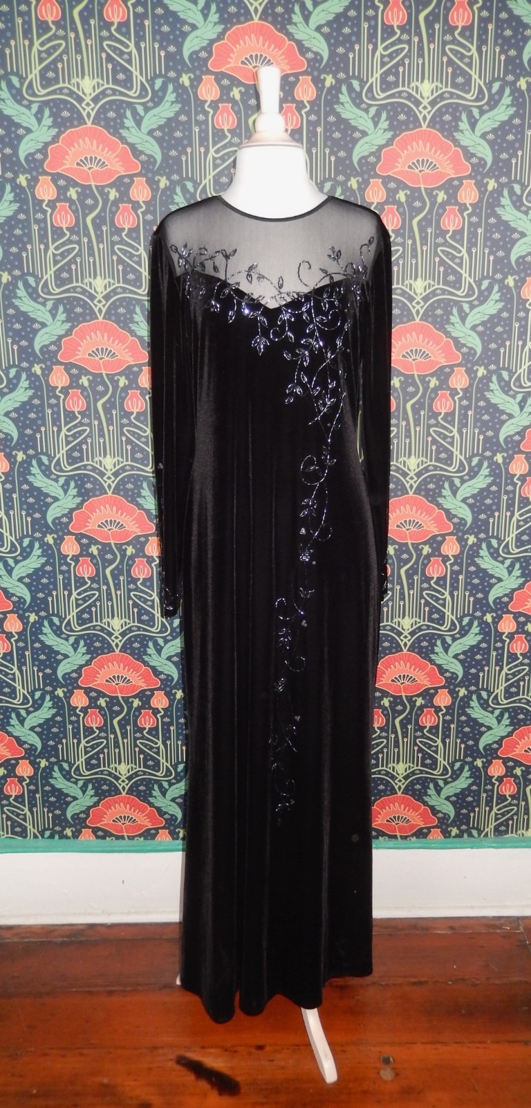Vintage 90&rsquo;s Y2K Black Beaded Velvet Mesh Long Sleeve Whimsigoth Maxi Dress 16