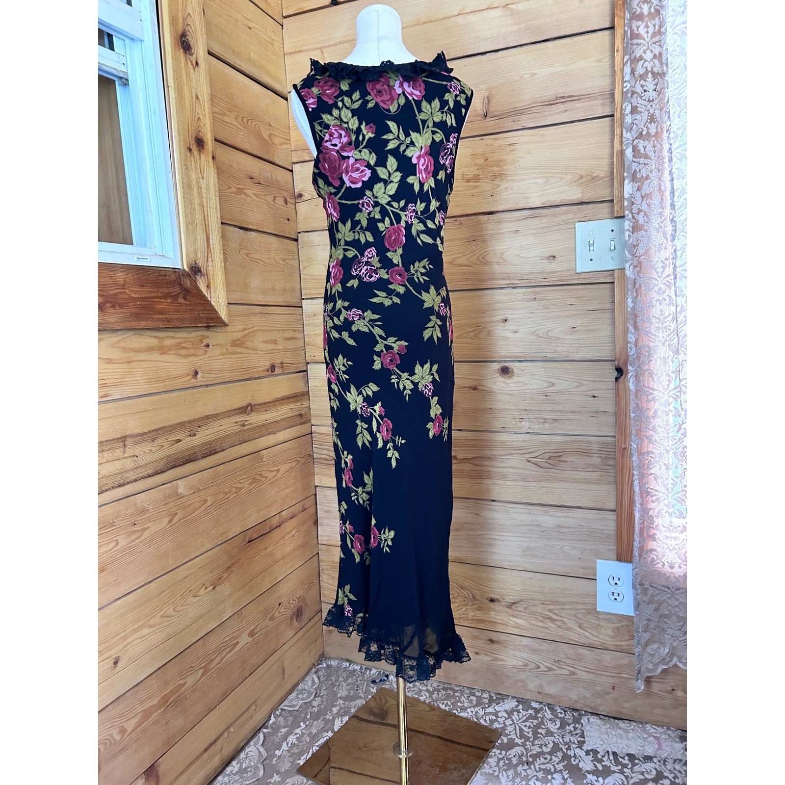 Vintage Maxi Dress Womens 14 Petite Black Floral Beaded Lace Jessica McClintock