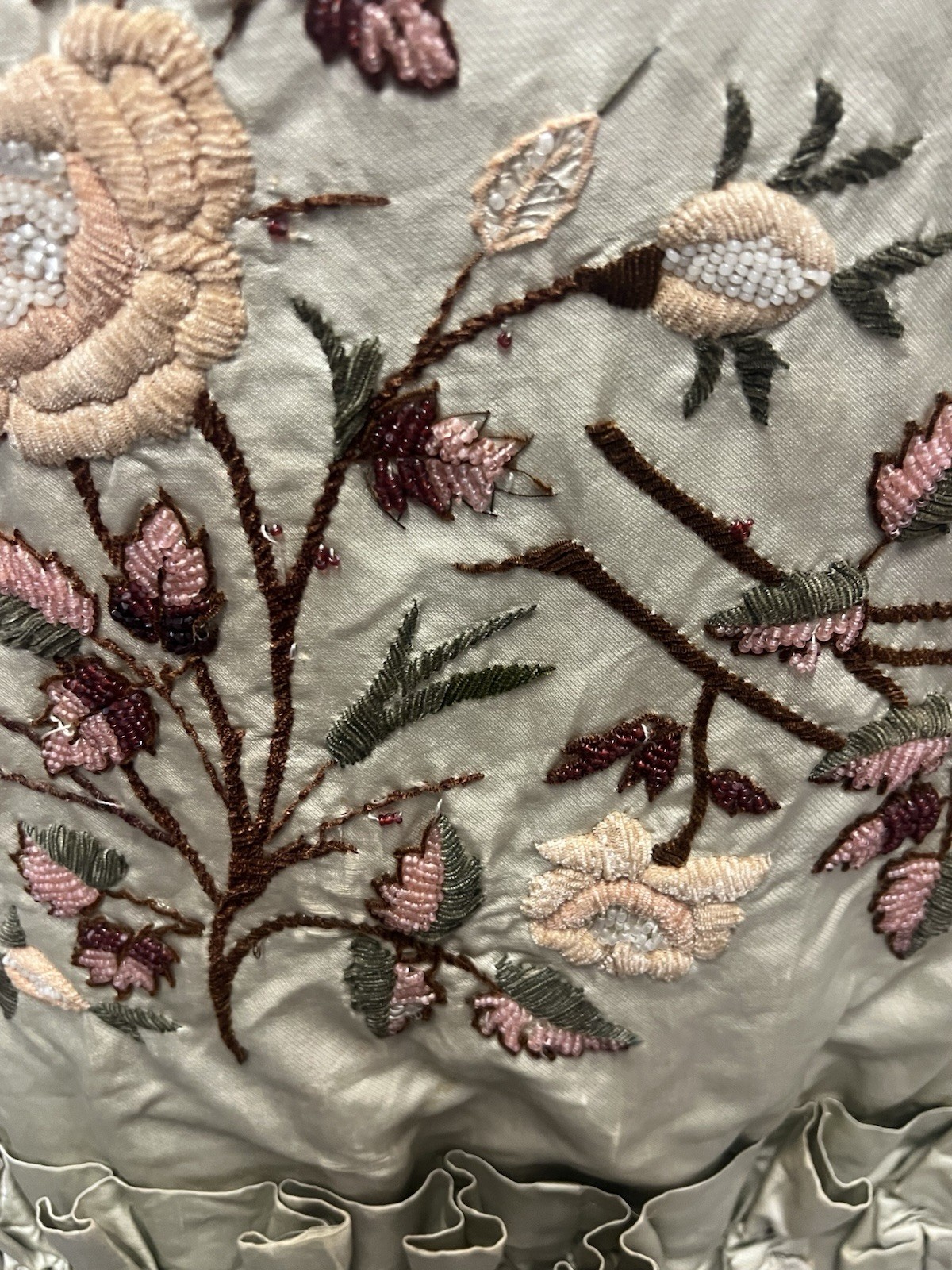 1880’s Light Celery Green Silk Bustle Skirt – Heavy Embroidered & Beaded Florals