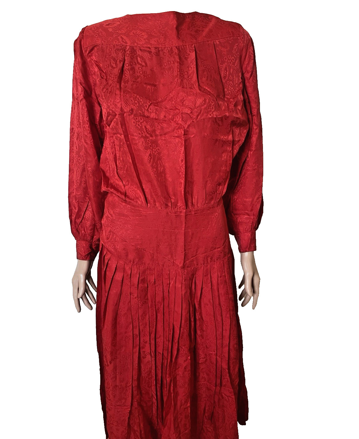 CADAZ Vintage 100% Silk Red Floral Jacquard Pleated Dress Made Hong Kong Size 8