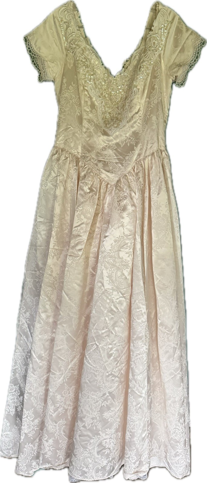 Basque Waist Gown WEDDING Princess Formal Satin Brocade Blush Bustle Roses M+