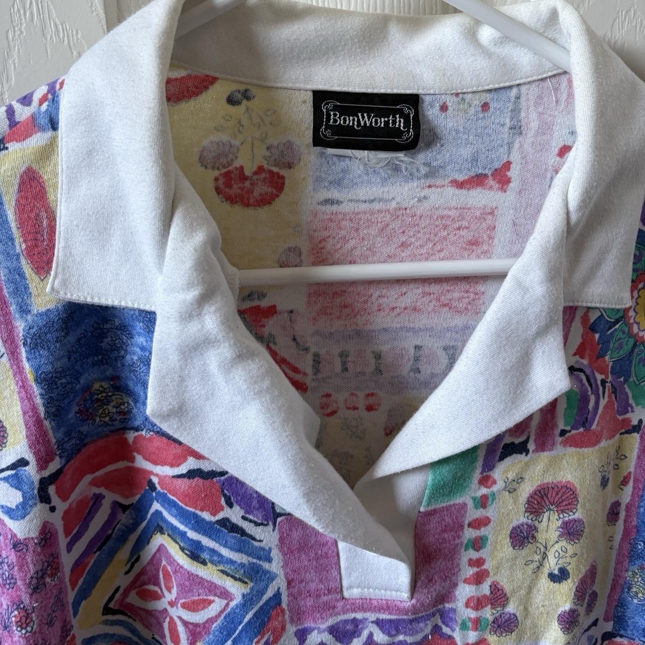 Vintage BonWorth Patchwork Print Short Sleeve Pullover Top Colorful Retro Blouse