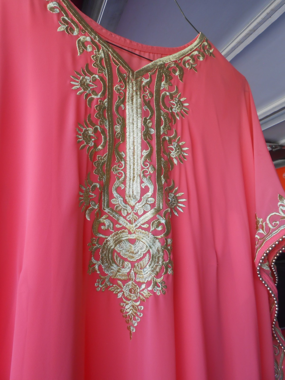 Lovely Vintage Peach Kaftan with Gold Embroidery and Edge Beading
