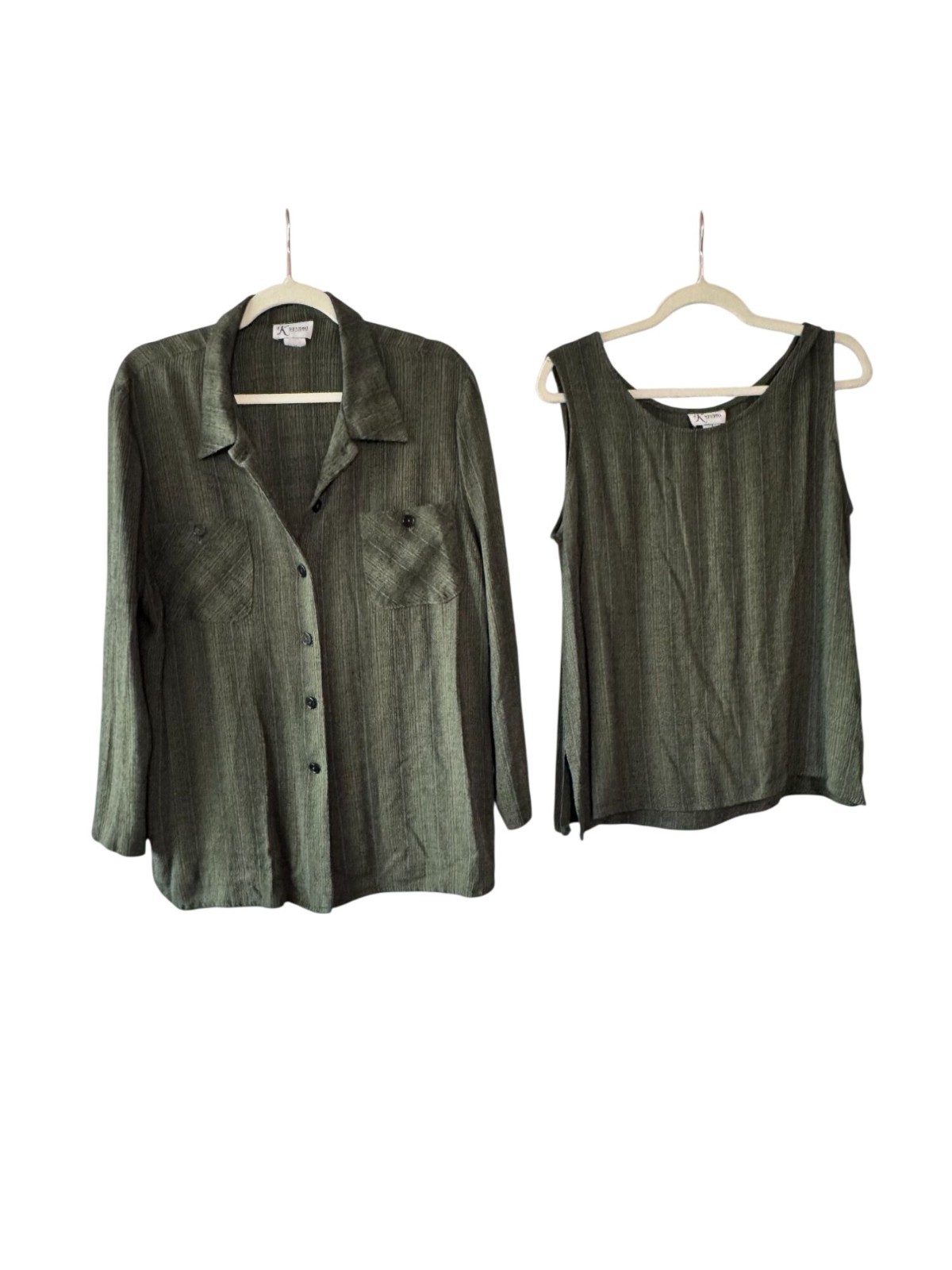 Vintage K Studio Olive Green Textured Shirt and Tank Set Size 14