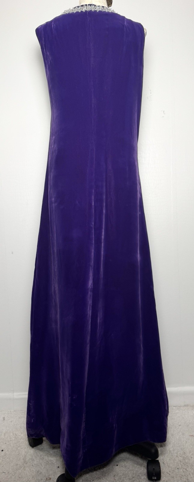 Vintage Purple Velvet Hostess Gown Silver Trim Maxi Caftan Stage Dress