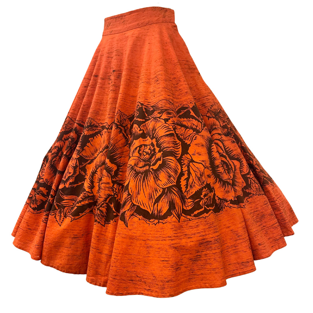 Vintage 1950s Orange Handpainted Floral Mexican Circle Skirt