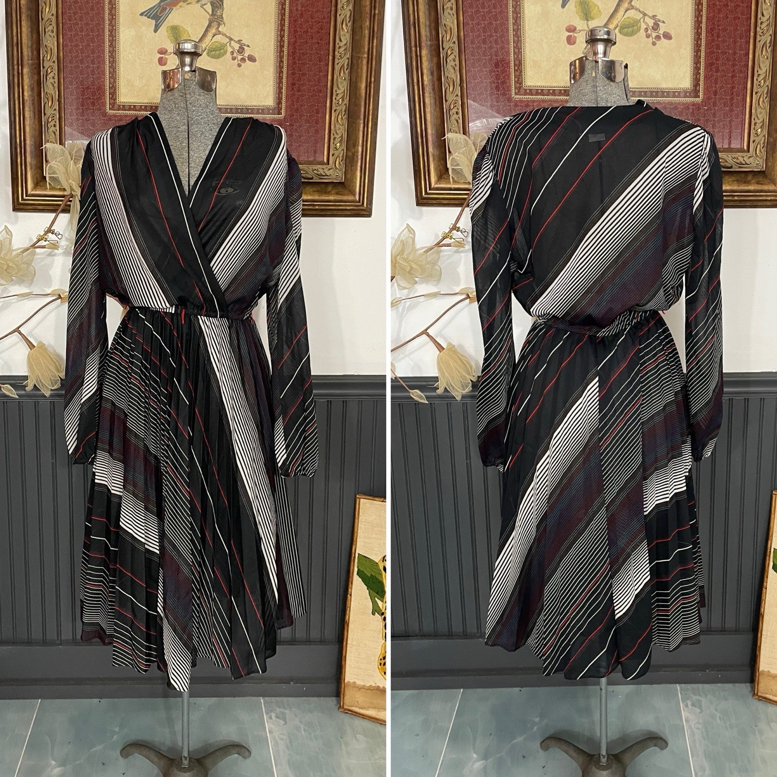 Vintage 70s Melissa Lane Striped Pleated Dress Semi Sheer Faux Wrap – Sz 12 💚🎀