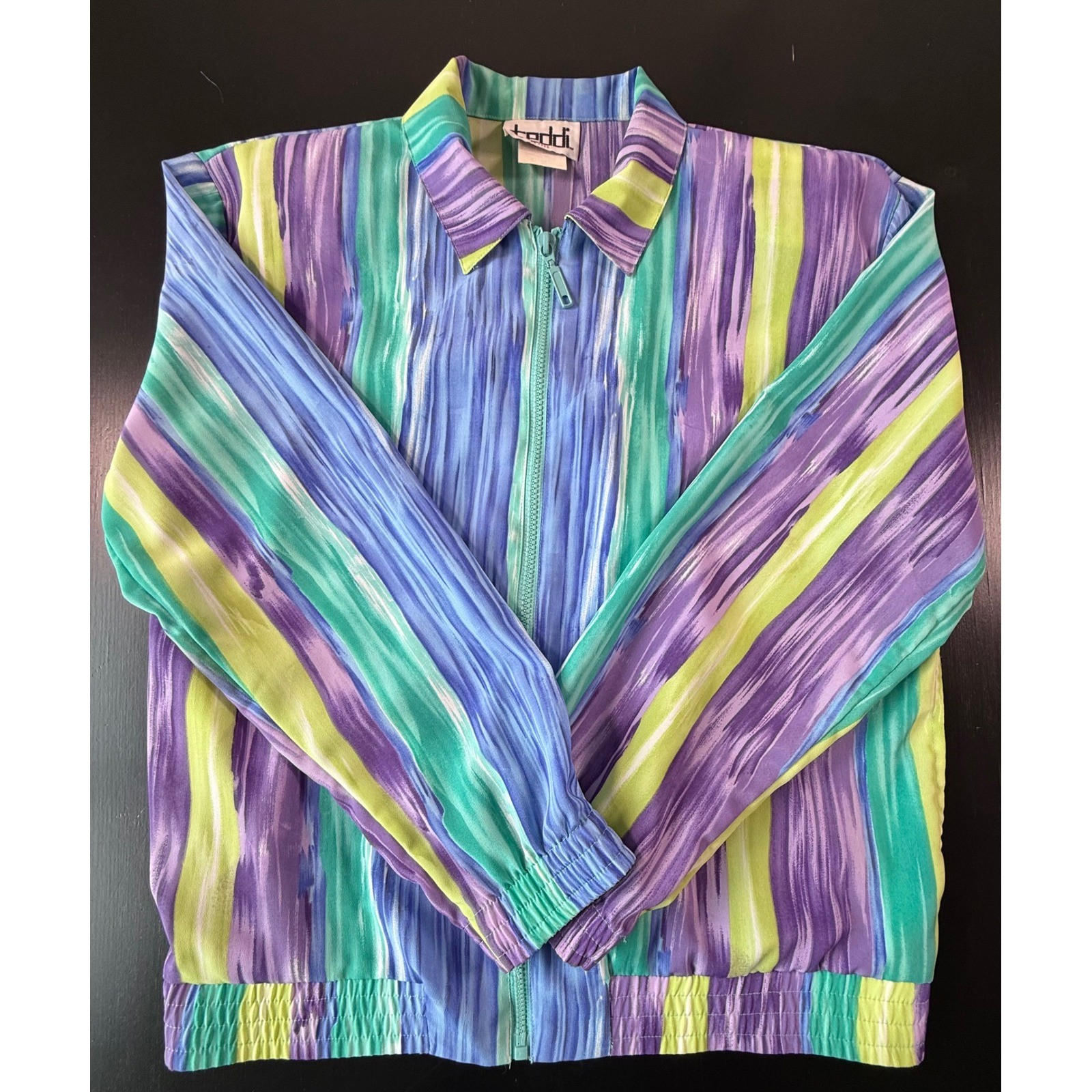 Teddi Petite Vintage Abstract Stripe Zip Up Bomber Jacket Purple Blue Green L
