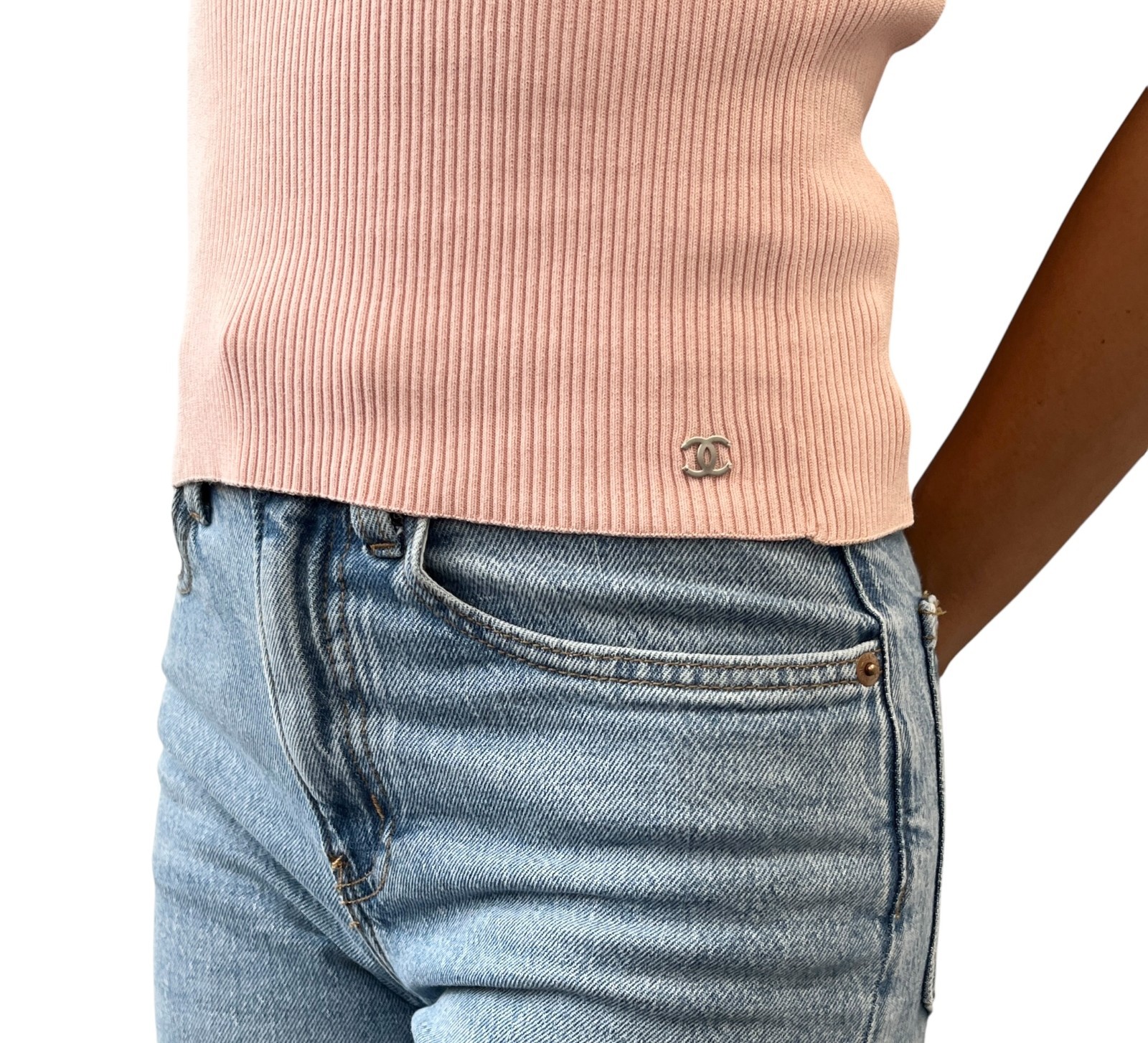 CHANEL Vintage 99P CC Logo Sleeveless Rib Knit Tank Top #38 Rayon Cotton Pink