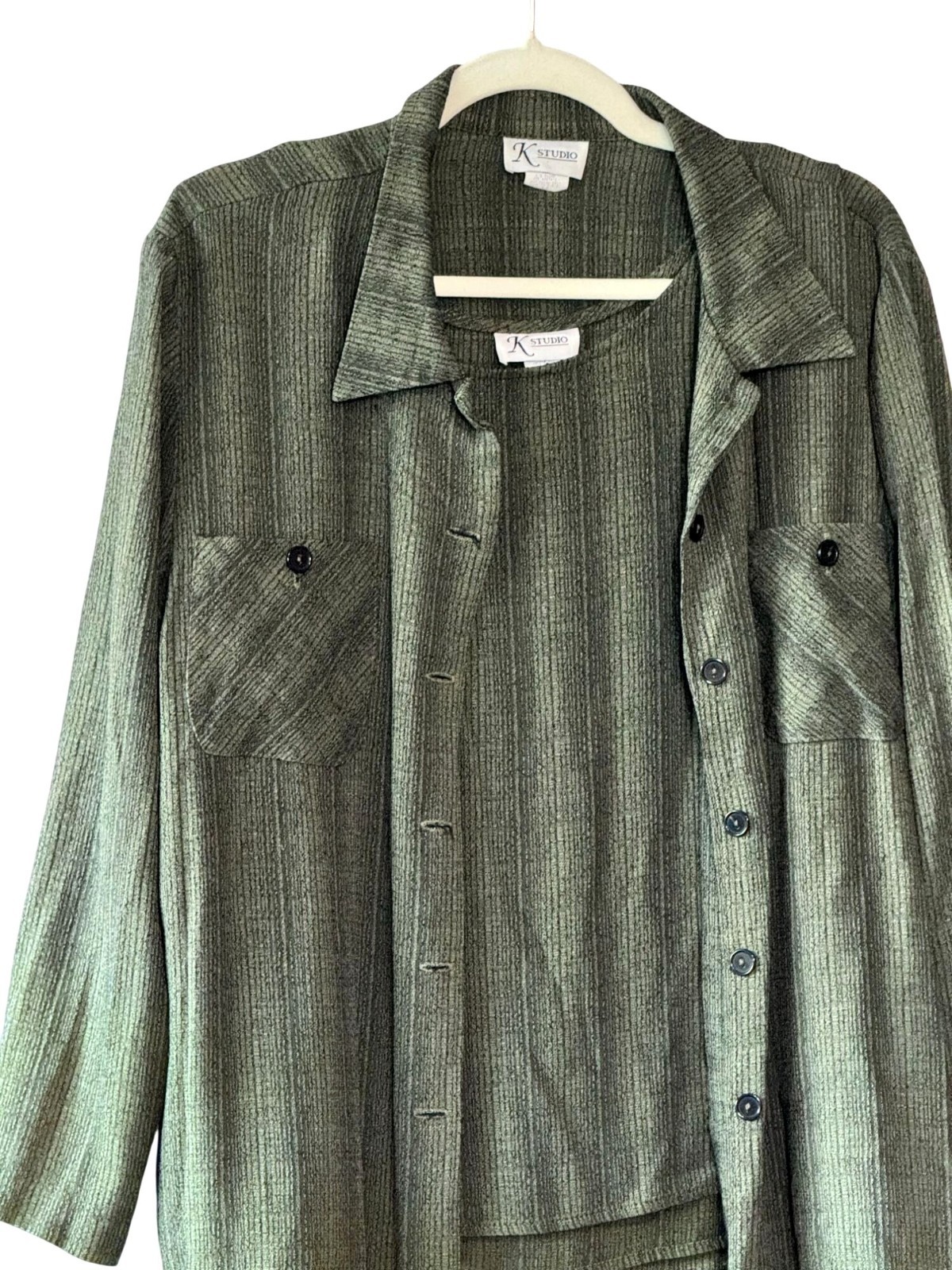 Vintage K Studio Olive Green Textured Shirt and Tank Set Size 14