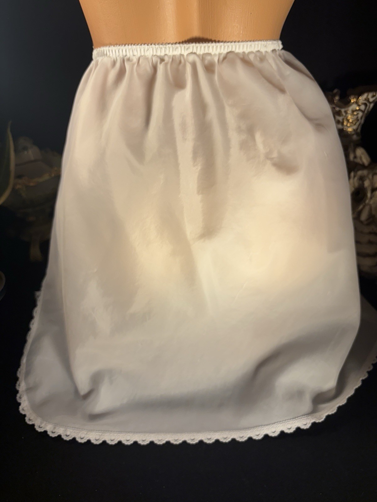 Vtg SATIN THIN TISSUE SHEER MINI SLIP SKIRT Oily Wet thin LINGERIE OFFICE SISSY