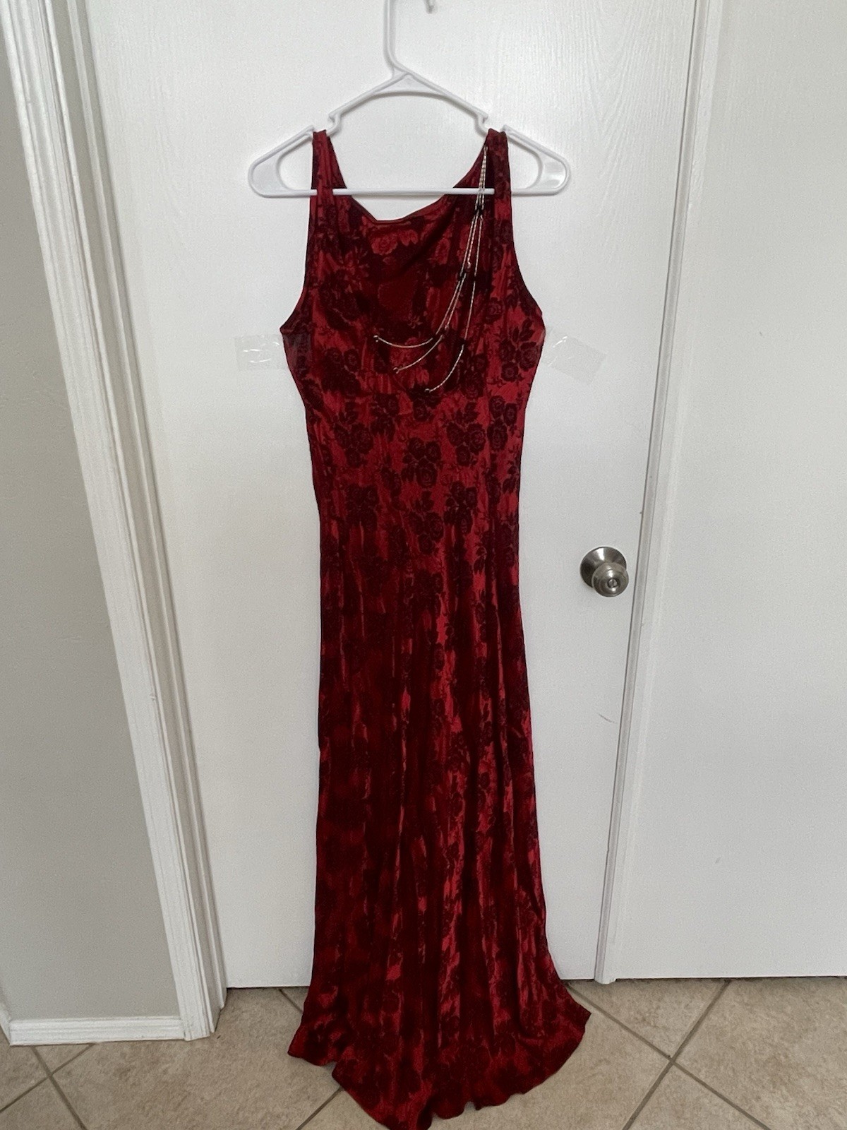 Vintage CDC Ruby Red Floral Jacquard Evening Column Gown Unique Chain Back