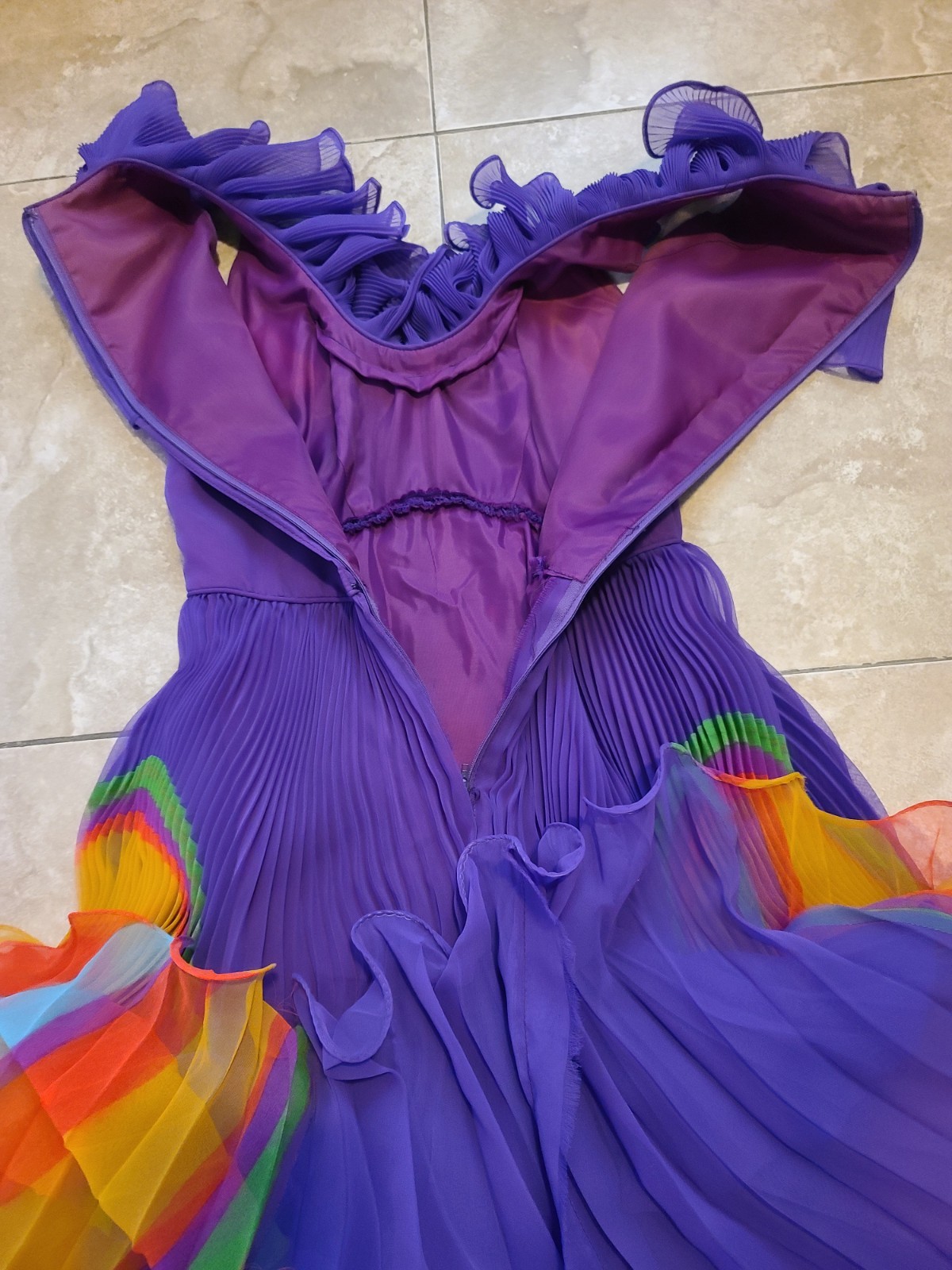 VTG Chiffon Pleated Rainbow Stripe Purple Maxi Dress Ruffle Collar V Neck UV Glo