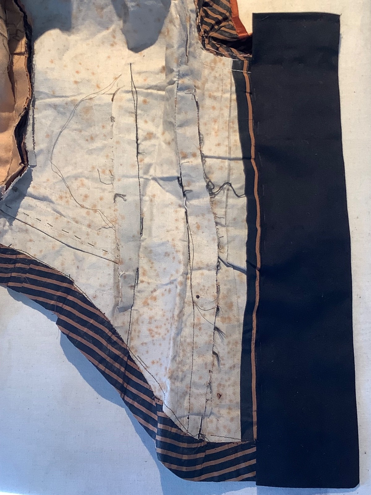 Victorian bodice Silk bustle 1880s corset Top sleeveless Stripe black Copper XXS
