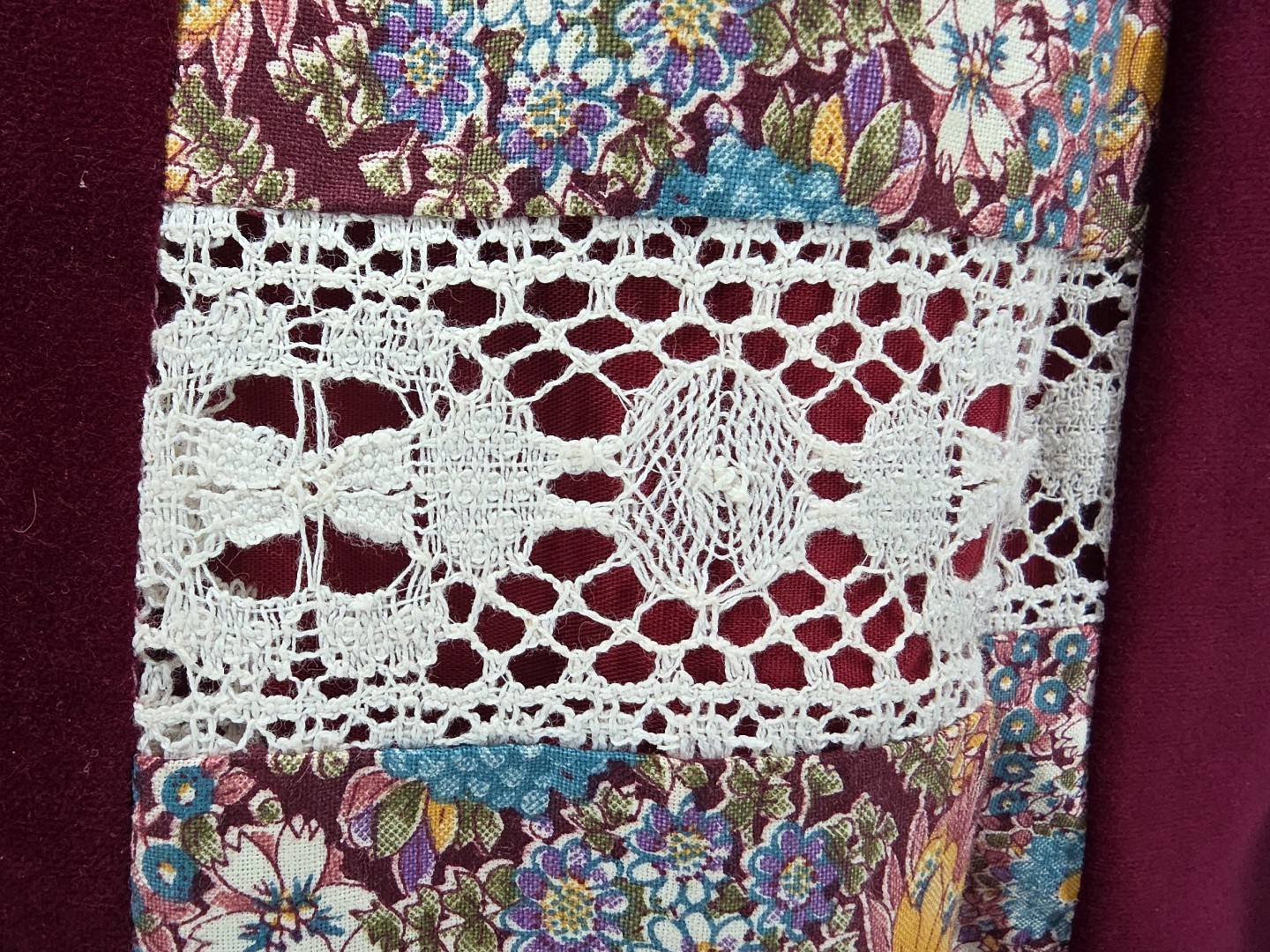 70s Floral Lace Patchwork Maroon White Long Skirt Cotton Blend Mr. Hank Sz L EUC