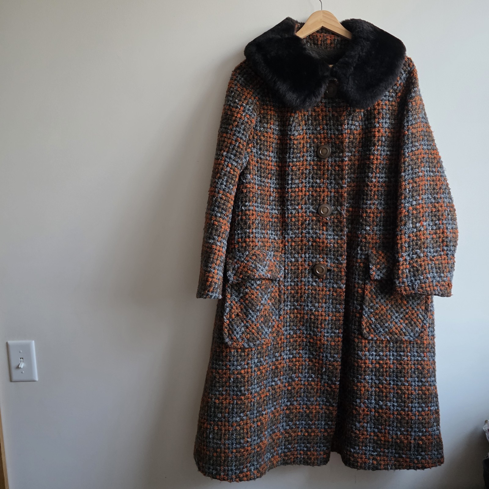 VTG 1950&rsquo;s Womens Tweed Full Length Orange Brown Overcoat LG Heritage Old Money