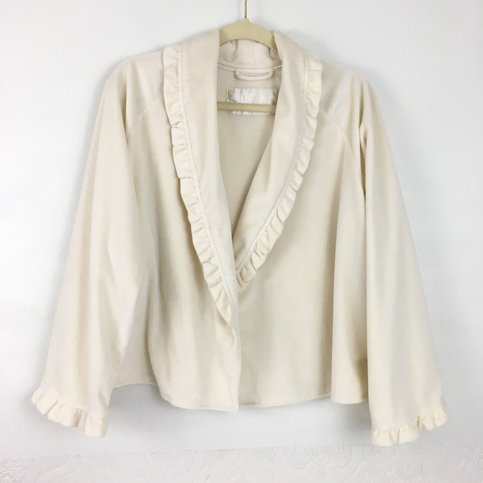 Upcycled vintage fleece cropped jacket womens xl ruffled trim cream color