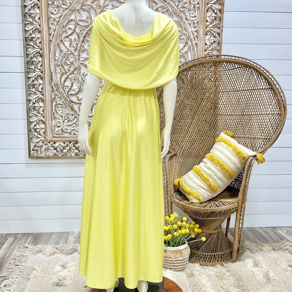 Vintage 70s Elegant Goddess Cottagecore Boho Yellow Maxi Cape Dress XS