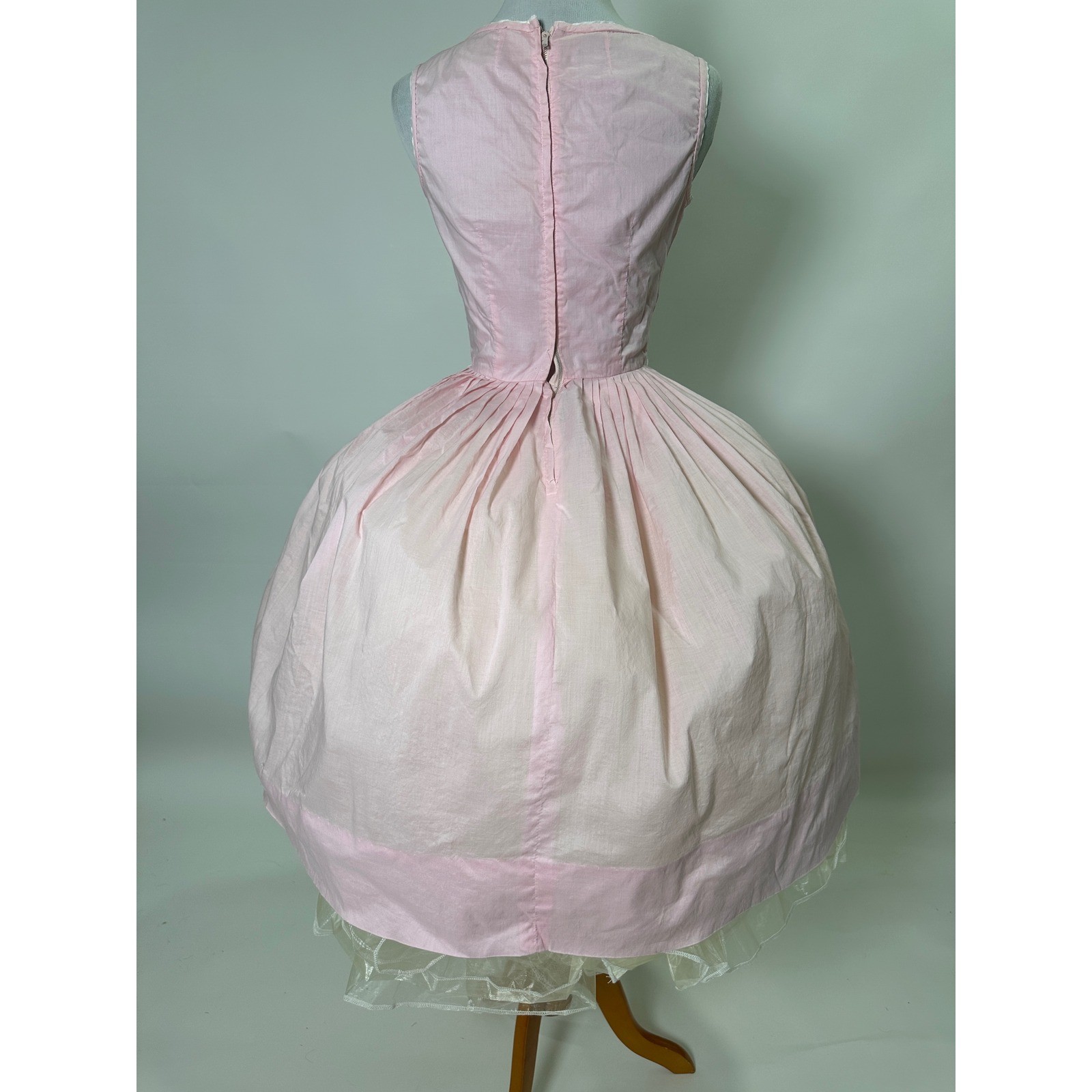 Vintage 1950s Cute Tailored Junior Pink Sunburst Dress Bow circle Skirt cotton