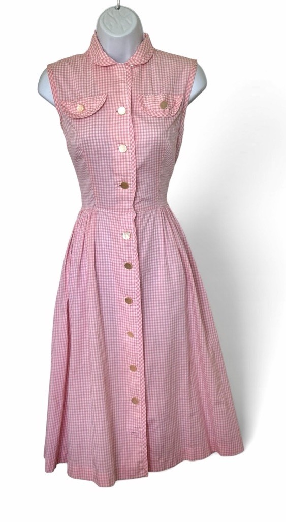 Vtg 70s Bobbie Brooks Pink Gingham Shirt Dress XS/S Buttons Collar Pockets