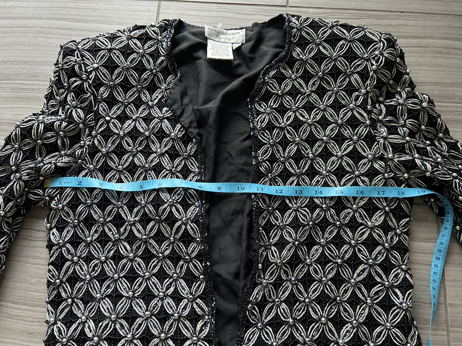 Vintage Beaded Evening Jacket Black Silver Silk Papell Boutique 60s Real Silk