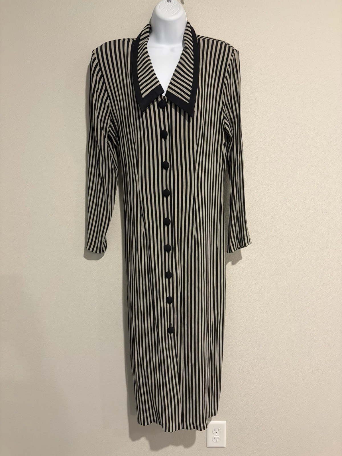 Vtg 90s Dawn Joy Maxi Pencil Dress~11/12~ Black Stripes Button Down Grunge