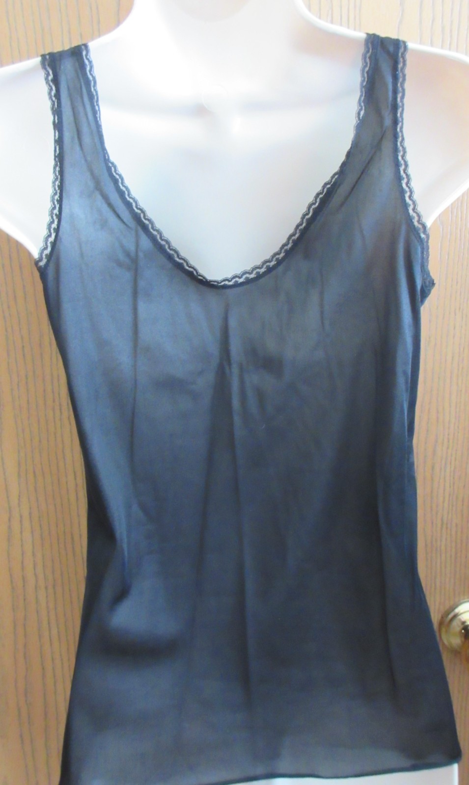 GREENCO MAID BLACK nylon scalloped MEGA LACE camisole slip top sz M (6) 36 bust