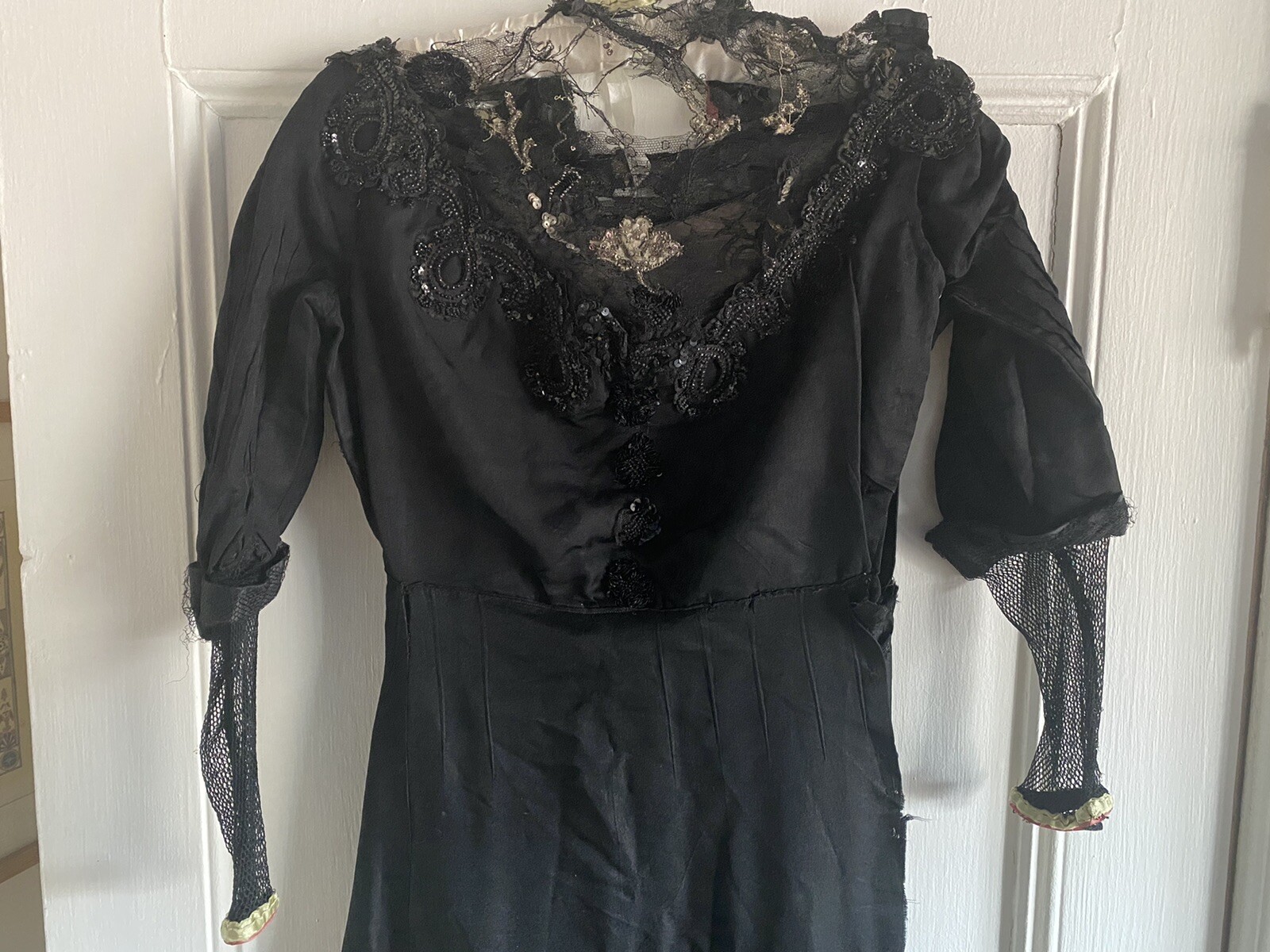Antique Dress Black Crochet Lace Beads, Sequins Pleated Sleeves Hooks XS REPAIR