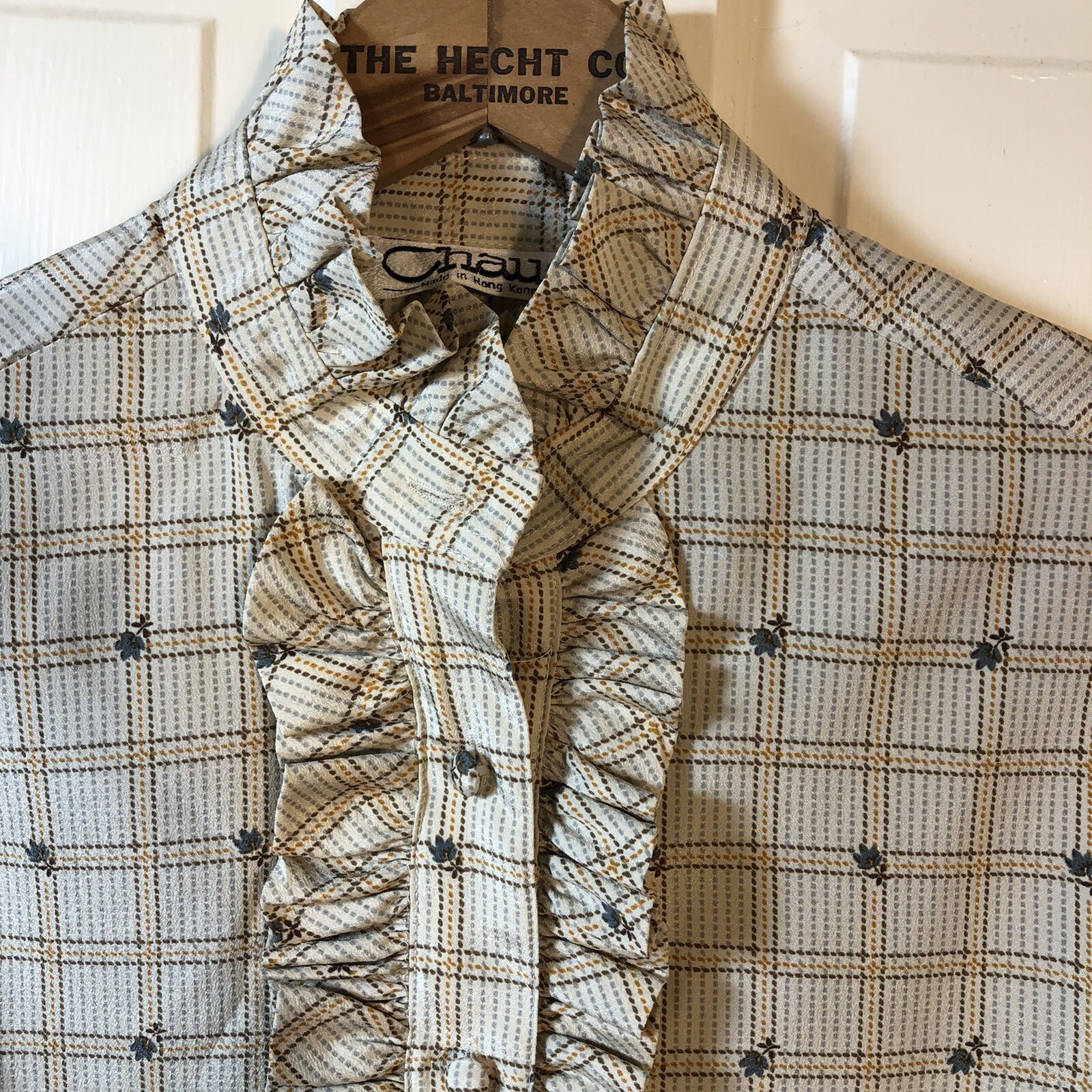 Windowpane and Floral Ruffled Prairie Blouse Sz M