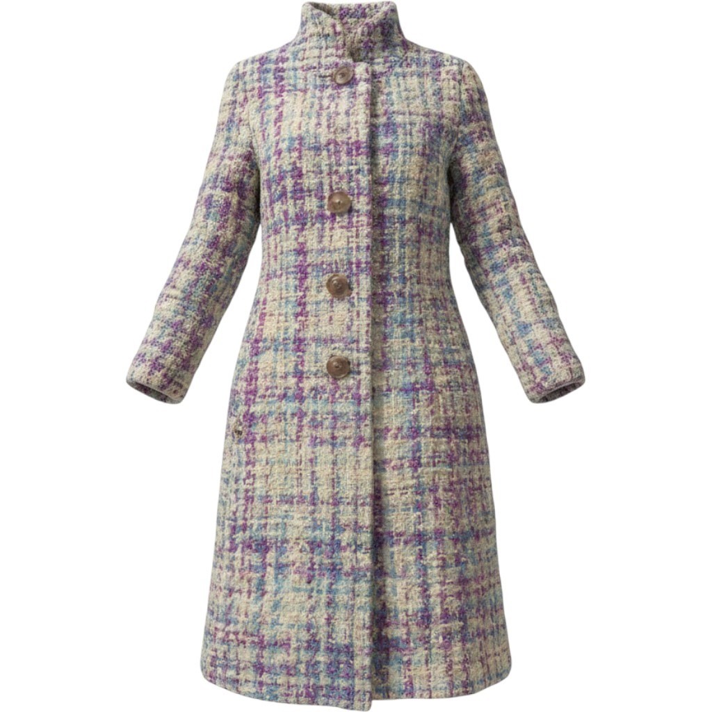 Gus Mayer Tweed Coat Womens Vintage Purple Blue Plaid Mod Longline Funnel Neck