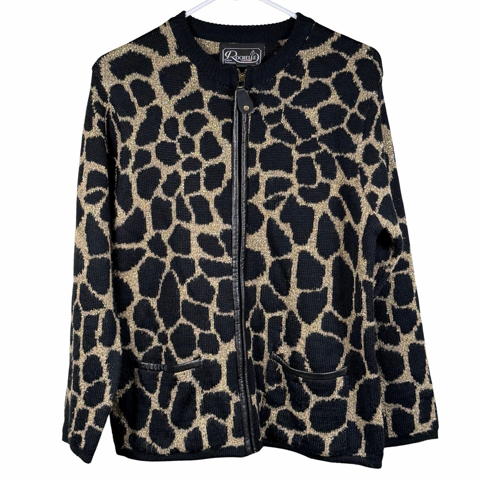 Vintage Rochelle California Cardigan Womens Medium Cheetah Print Black Gold Wool