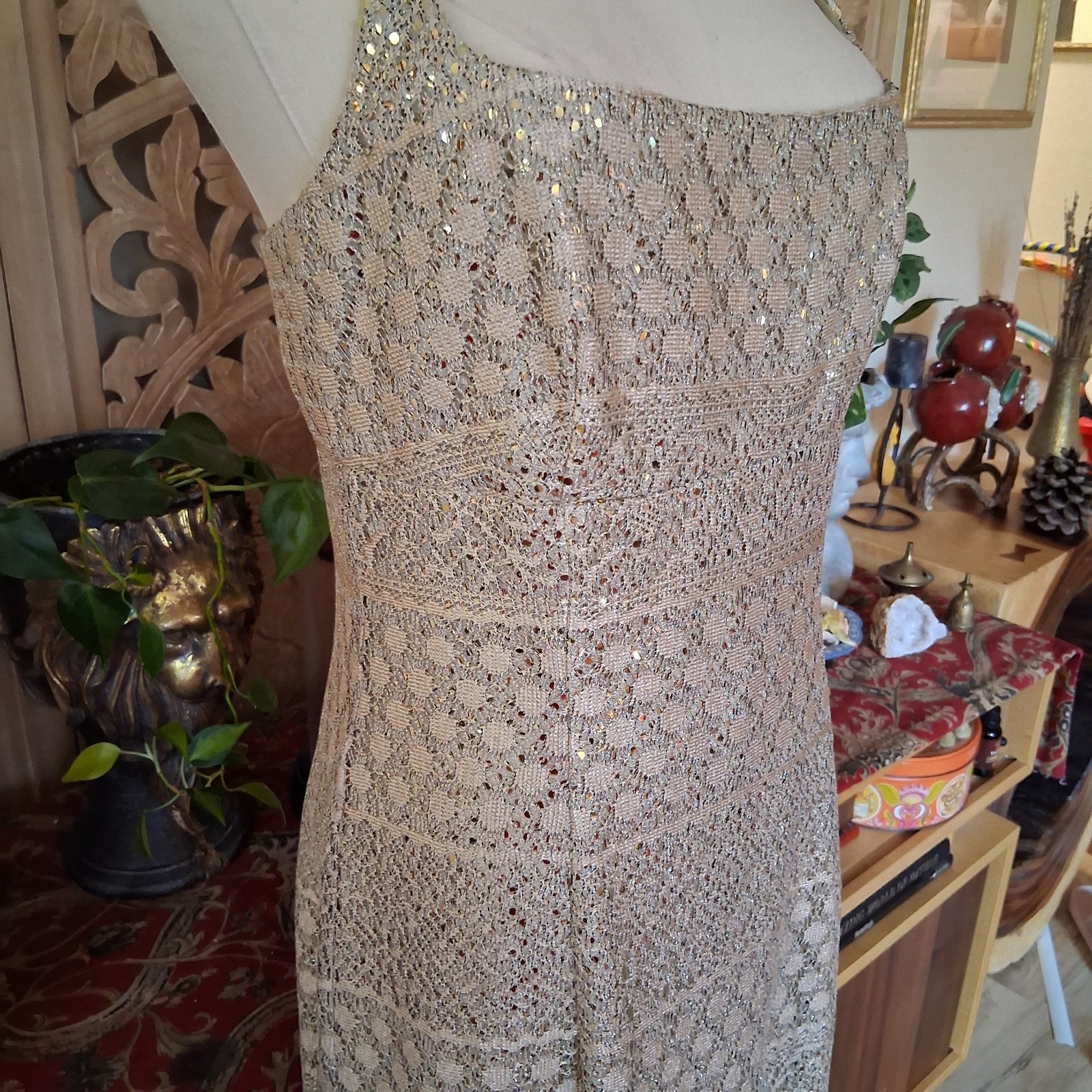 Vintage 1990s Crochet Metallic Sequin Empire Waist Rhinestone Deadstock Dress