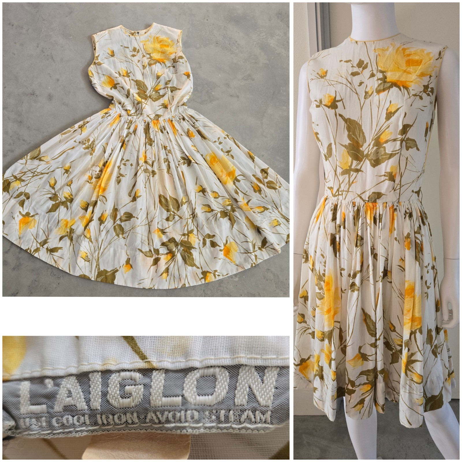 VTG 50s L&rsquo;Aiglon Full Circle Dress Skirt Floral Sleeveless Cotton Pleated Midi