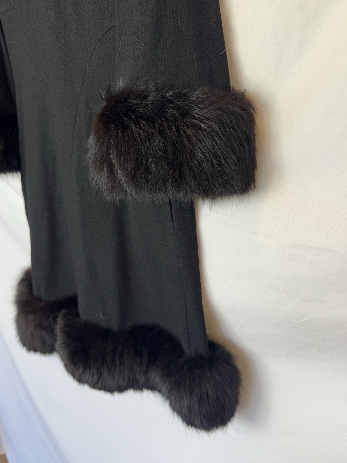 Sandi Monica Vintage Black Wool Coat Dress with Fur Trim