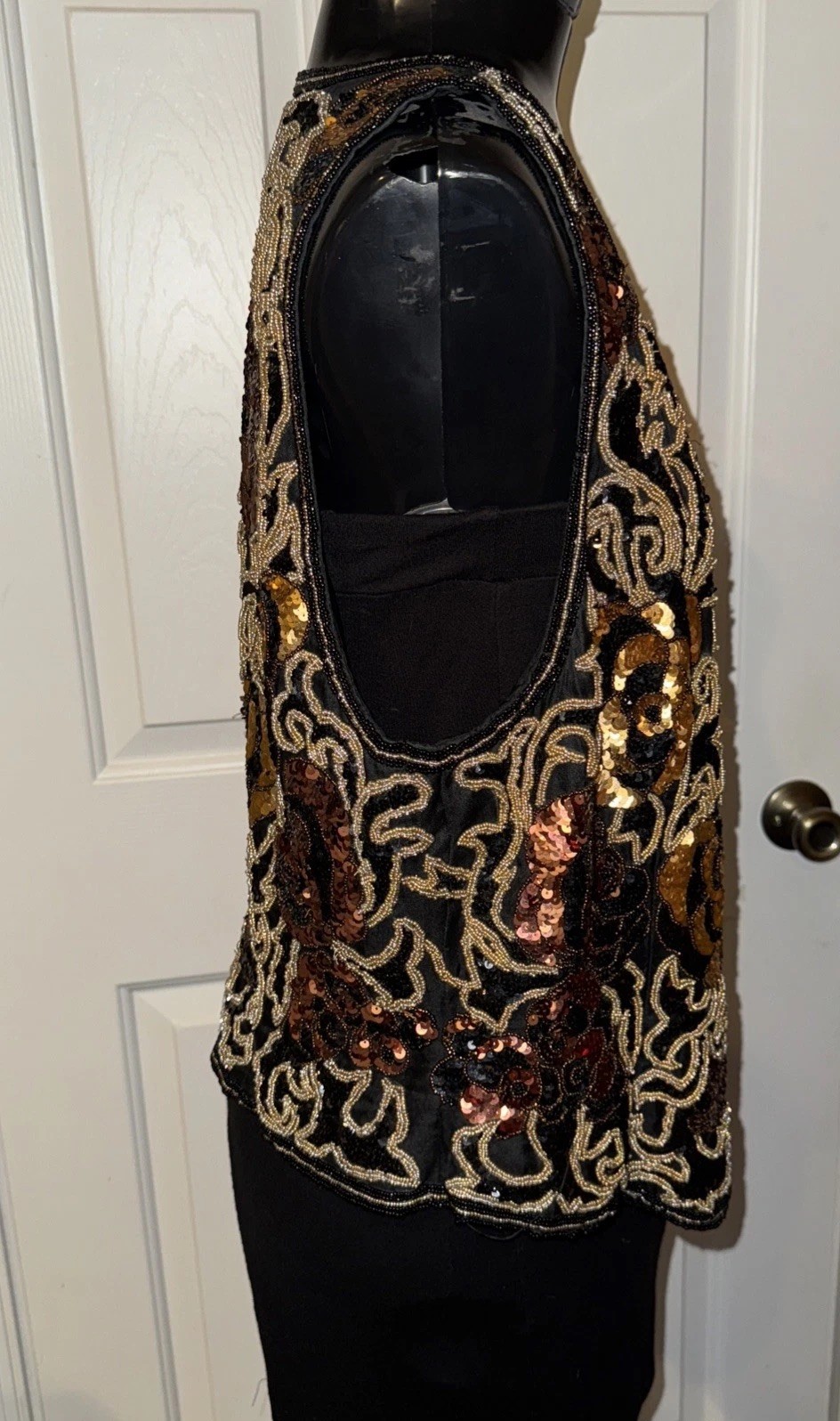 VINTAGE 80&rsquo;s Silk Beaded Sequin Vest BLACK TIE BY HE-RO Black Gold Copper L