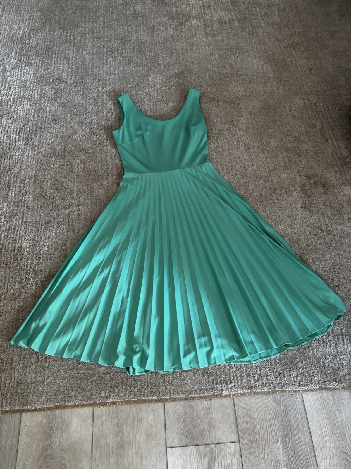 VTG 70’s Fit Flair SEARS TURQUOISE GREEN Disco DRESS accordion Pleats – S