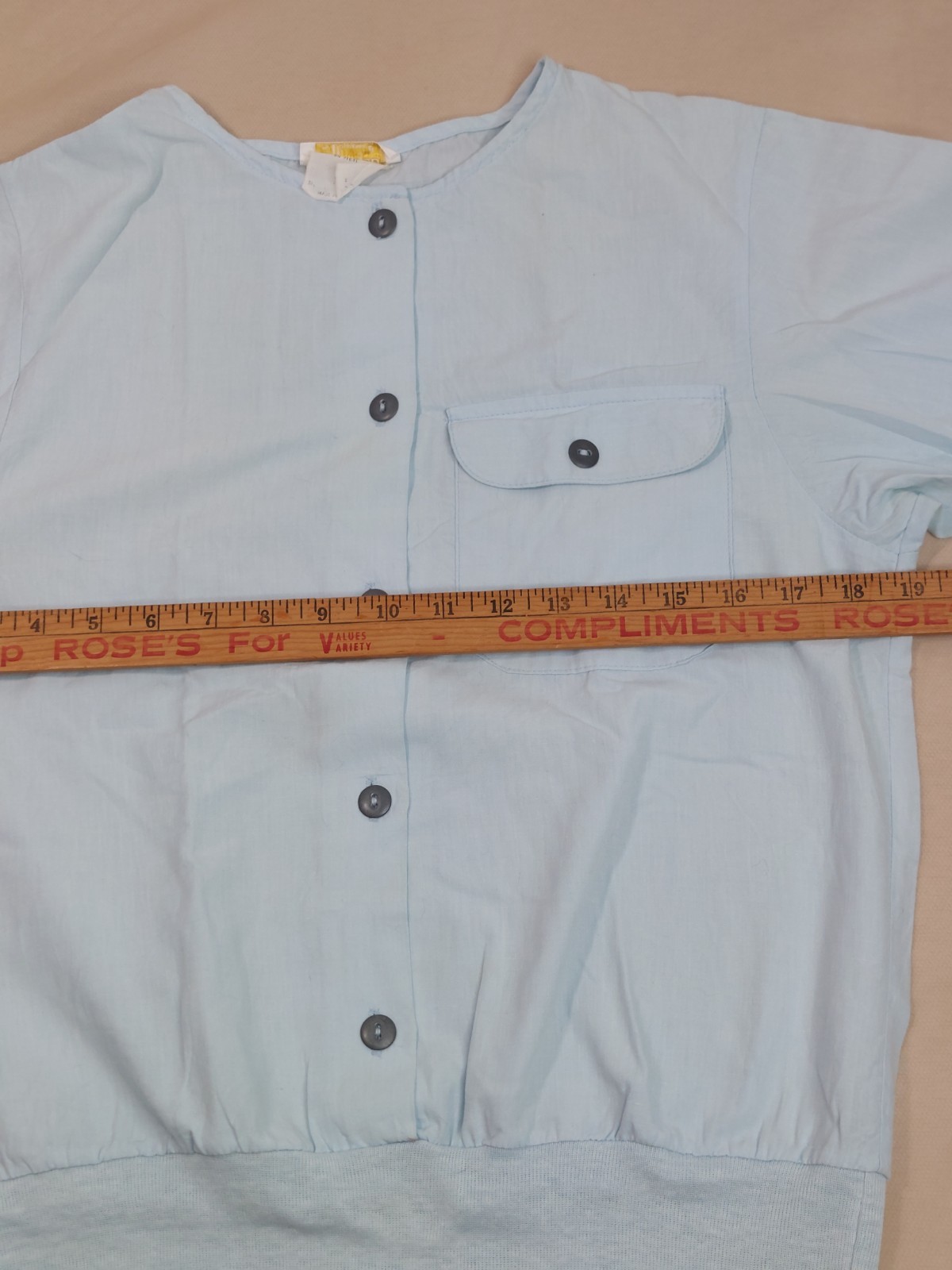 Vintage 80s Blue Blouson Blouse Buttons Banded Hem Dolman Sleeve Minimalist M