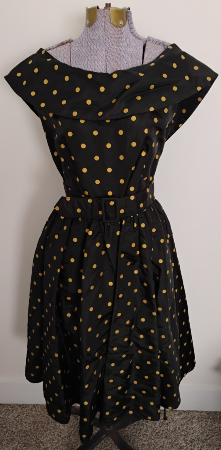 Vtg 80&rsquo;S does 50&rsquo;s DRESS Women&rsquo;s Cocktail Evening Black Gold Polka Dot Retro 6/9