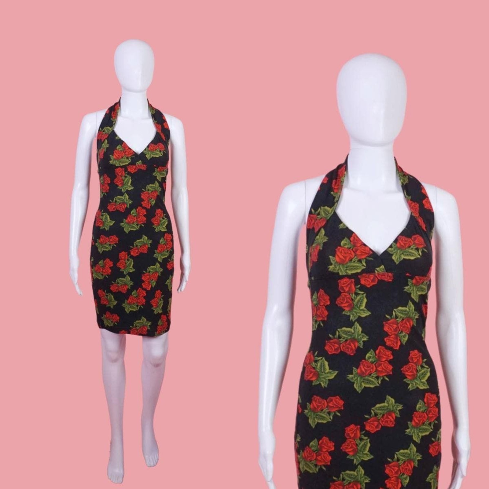 1980s Vintage BETSEY JOHNSON PUNK Label Bodycon Rose Print Halter Dress. XS-S