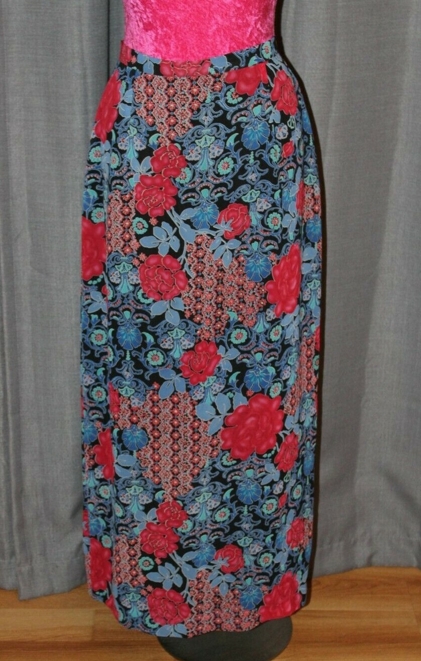 Vintage Hawaiian Maxi Skirt Harold’s Floral Size 8 Medium USA Teal Blue & Red