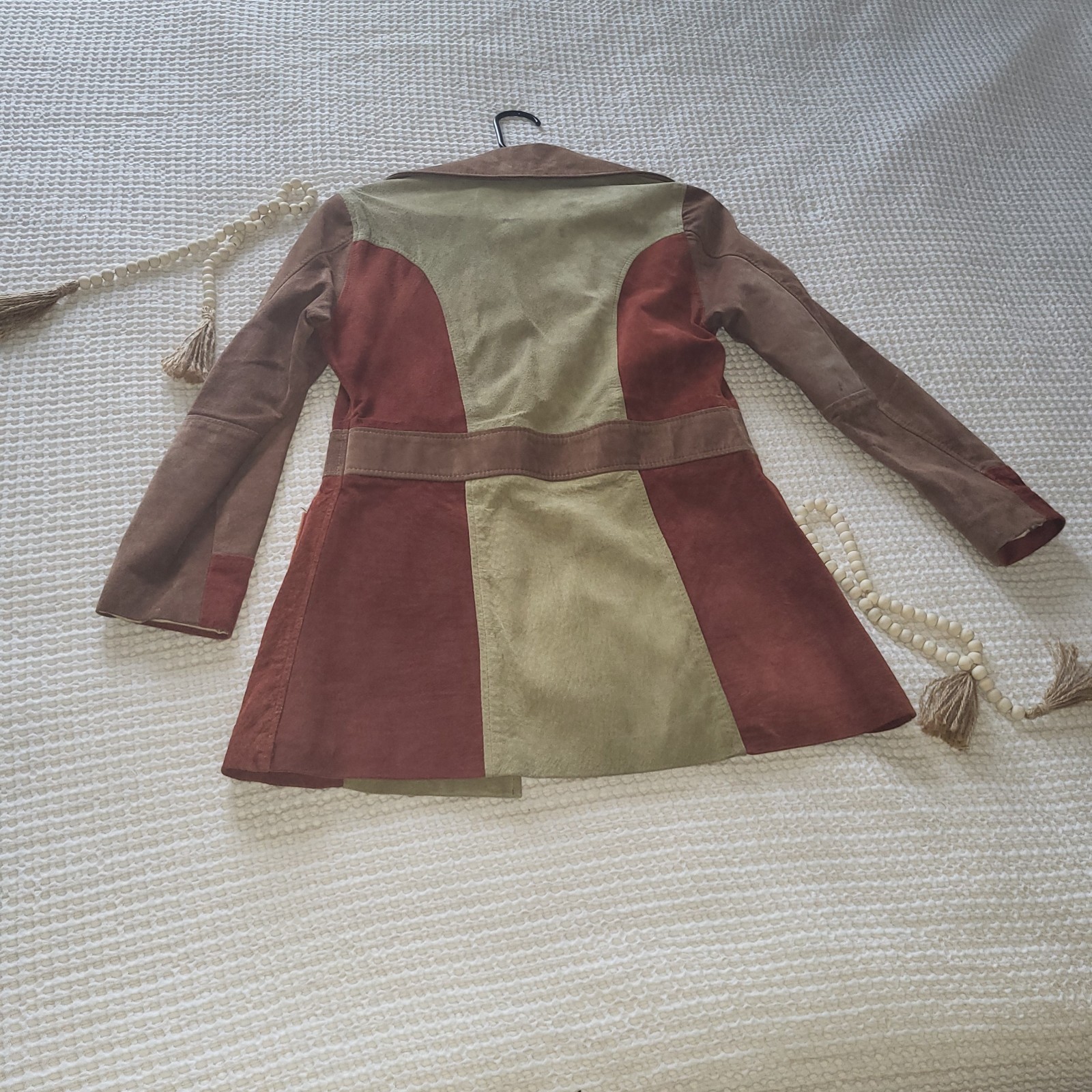 Vintage Patchwork Suede Belted Jacket Mod GoGo Zip Pockets Multicolor Size Small