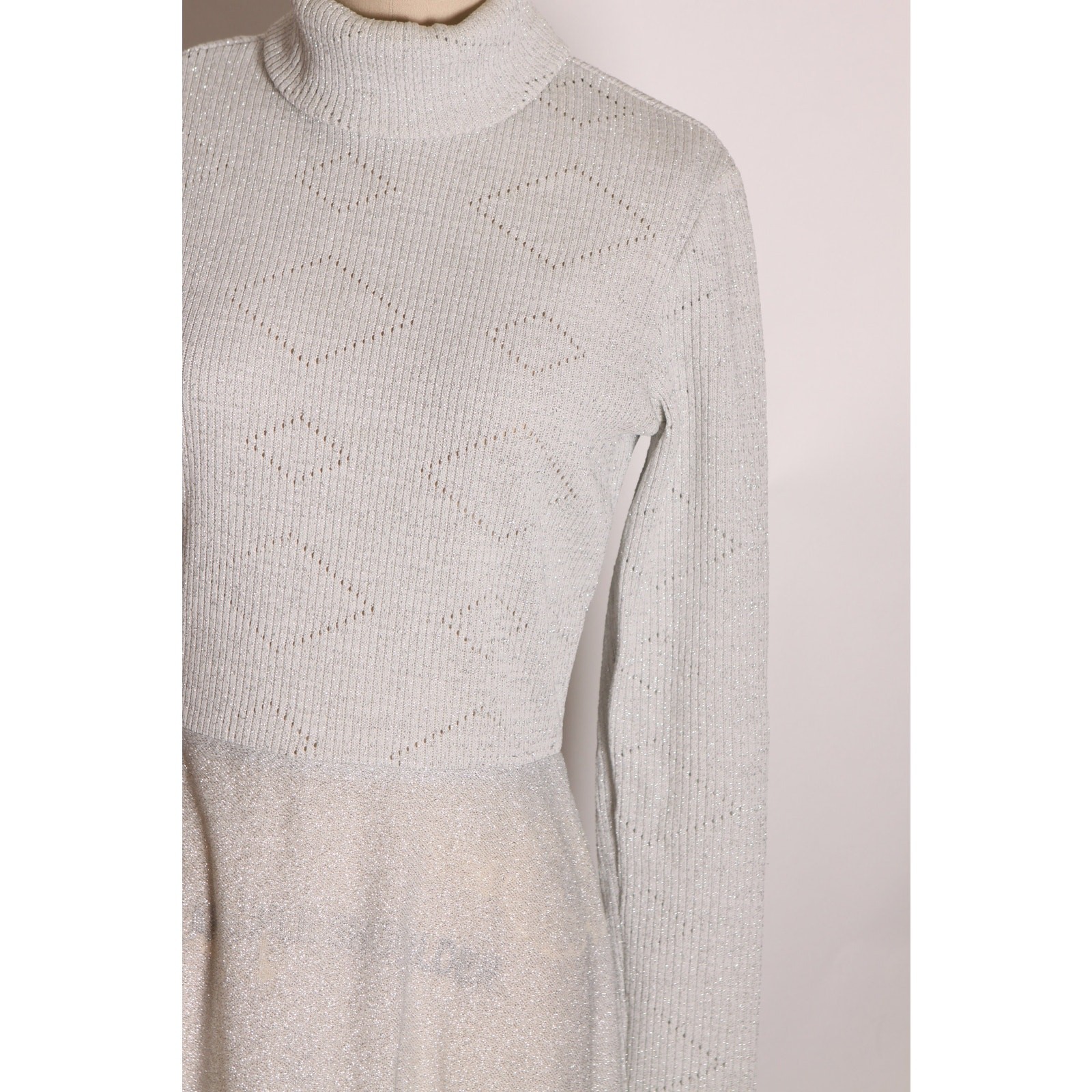 1970s Long Sleeve Turtleneck Silver Lurex Sweater Dress by Joseph Magnin