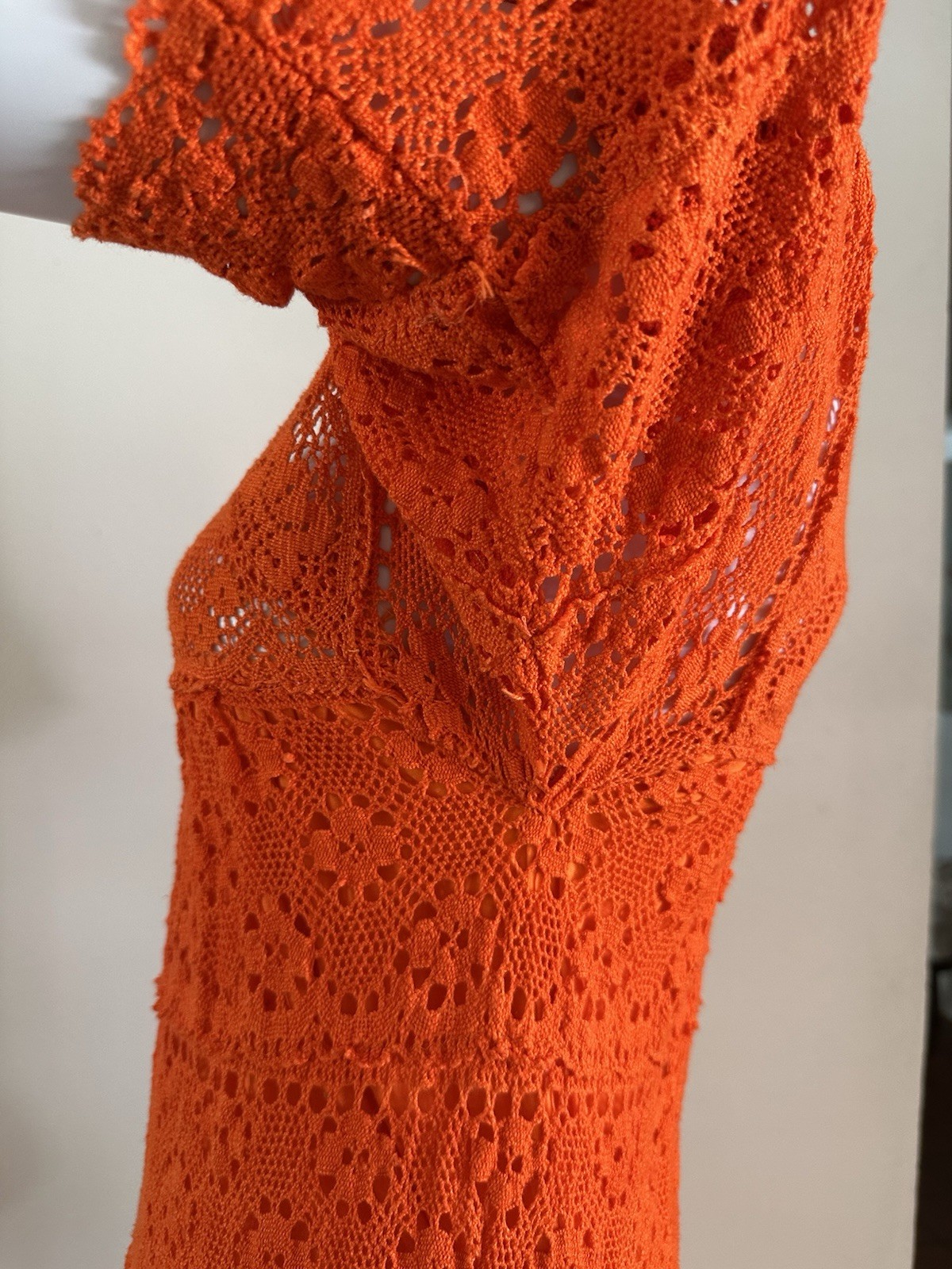1970s Mexican Crochet Lace Maxi Dress Orange Cotton Boho Huipil XS S Vintage