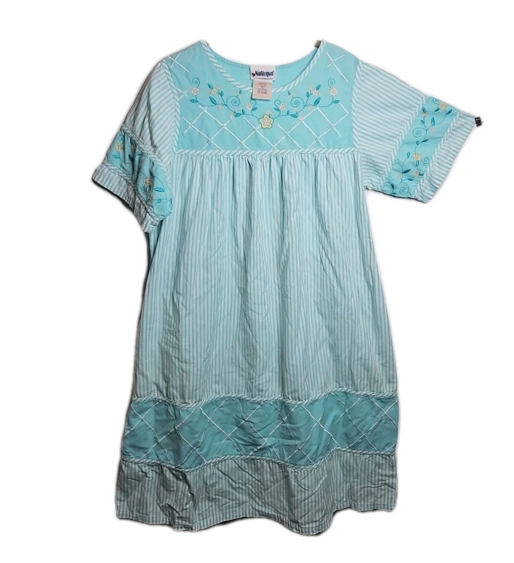 Vintage Embroidered Light Blue Striped Muumuu House Dresses Size Med