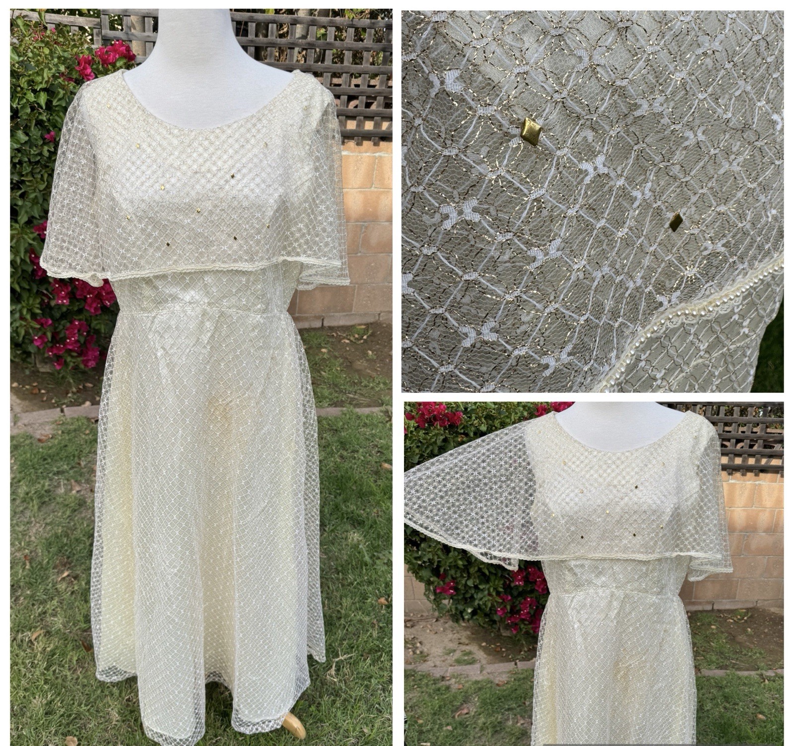 Vintage 70’s Cream Lace Overlay Gold Lurex Dress Attached Capelet M/L Boho Glam